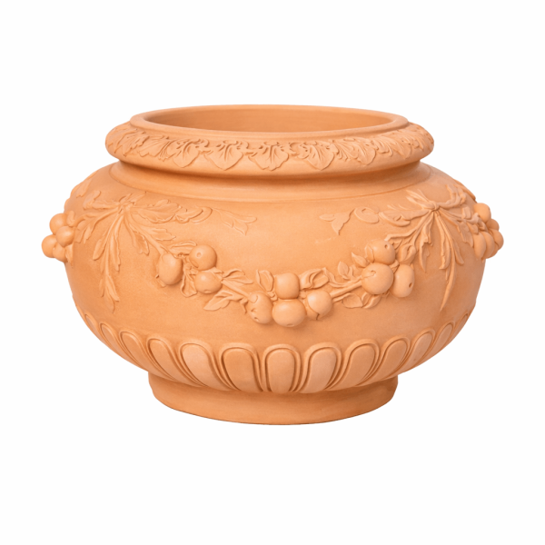 Klassisch verzierter runder Terracottatopf aus Impruneta mit floralen Ornamenten, frostfest